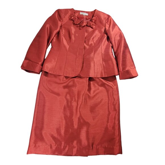 Kasper Wine Blazer Skirt Suit Womens Red Satin Shimmer Rosettes